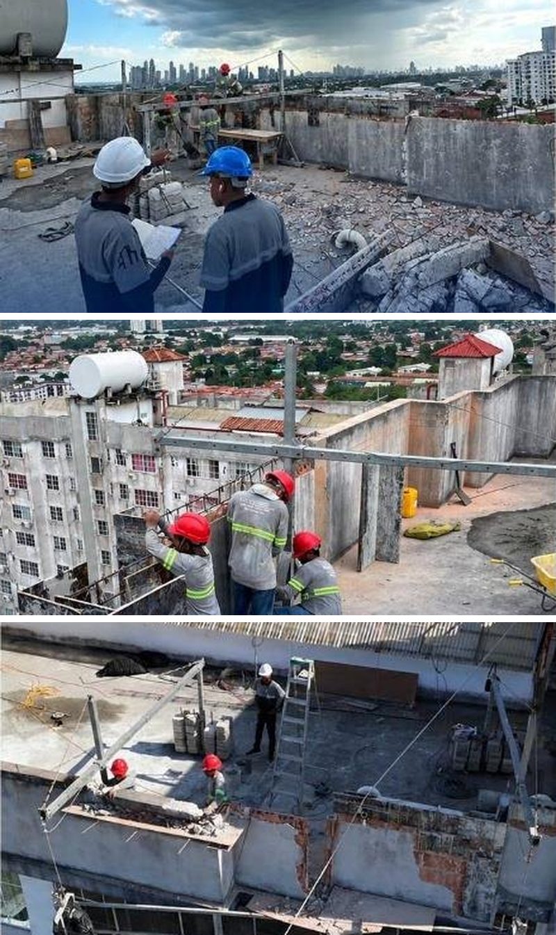 Equipo de Meli Services Group en obra: supervisión con planos en cubierta, cuadrilla instalando anclajes y técnico operando una guindola sobre la fachada